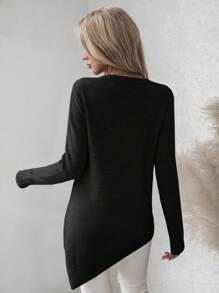 SHEIN Solid Color Asymmetrical Hem Drop Shoulder Sweater,Long Sleeve Tops Knit Pullover Fall Winter Sweater - Black - View 2