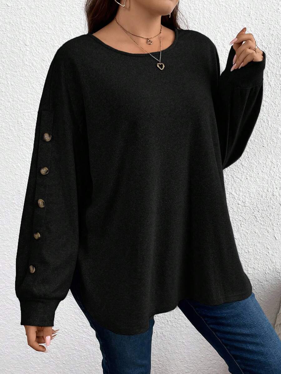 SHEIN LUNE Loose Round Neck Drop Shoulder Long Sleeve T-Shirt For Plus Size Women, Back To School Fall