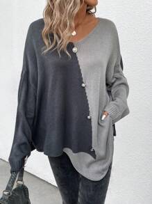 SHEIN LUNE 女士色塊針織毛衣,配有鈕扣細節、蝙蝠袖和不對稱下擺 - 彩色 - 查看 4