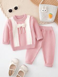 新生女嬰秋冬拼色蝴蝶結細部毛衣套裝 - 粉色 - 查看 1