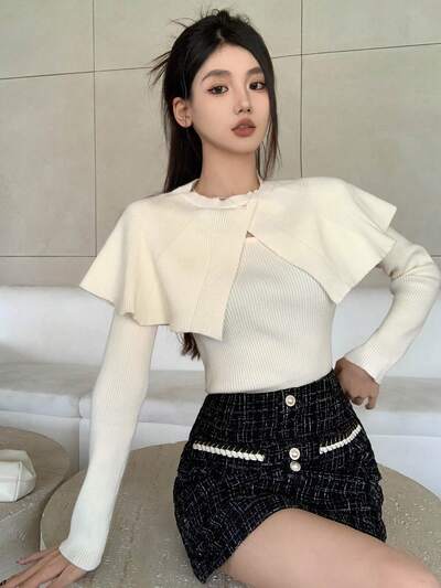 リブ編みトップス&ショール 2点セット、フリル、秋服