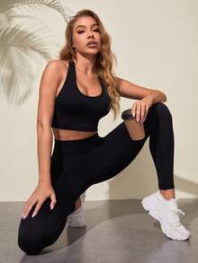 Yoga Basic Women's Seamless Sports Set With Cut-out Shoulder Design - Black - View 7