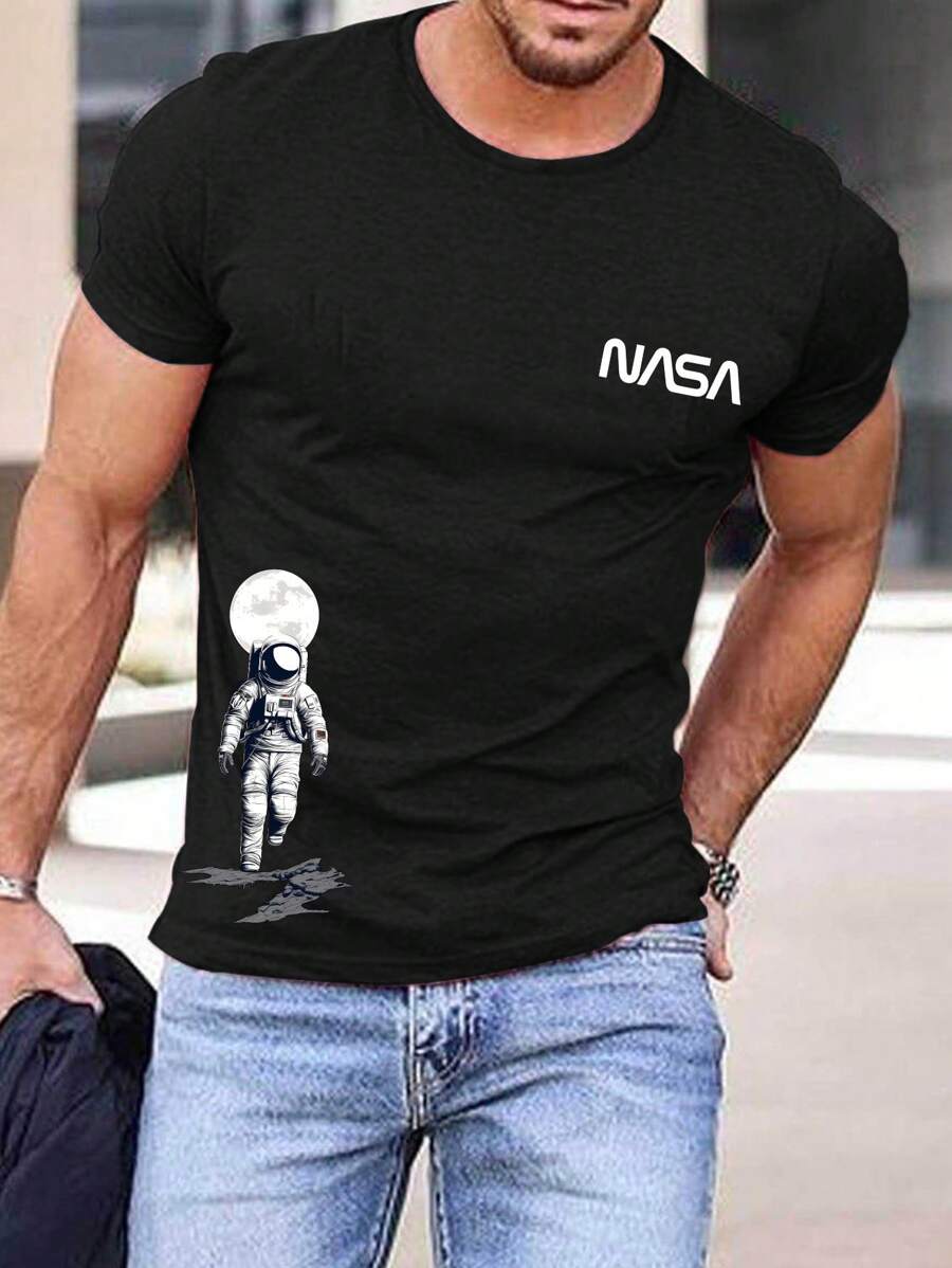 Manfinity Homme Men Plus Astronaut Printed Round Neck Short Sleeve T-Shirt - Black - View 1