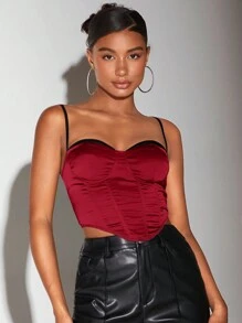 SHEIN BAE 女士褶饰不对称下摆吊带背心 - 紅色 - 查看 4