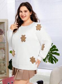 SHEIN EZwear Plus Size Women's Drop Shoulder Sweater With Little Bear Embroidery - White - View 5