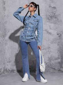 SHEIN EZwear Chaqueta De Mezclilla Para Mujer Con Cintura Ajustada Con Cordones En El Costado - Azul lavado medio - Ver 3