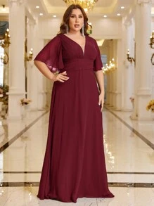 SHEIN Belle Plus Plunging Neck Butterfly Sleeve Chiffon Bridesmaid Dress - Burgundy - View 6