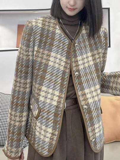 女用格紋無領前扣夾克