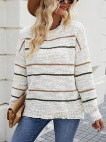 SHEIN Frenchy Suéter De Mujer Con Cuello Redondo, Rayas Y Hombros Caídos - Multicolor - Ver 6