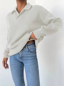 SHEIN Cottnline 女士純色下垂肩毛衣 - 白色 - 查看 4