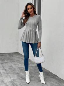 SHEIN LUNE 女純色圓領羅紋t卹,荷葉邊下擺 - 灰色 - 查看 5