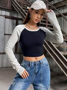 SHEIN EZwear Suéter De Cuello Redondo Con Manga Raglán Y Bloques De Color Para Mujer - azul real - Ver 3