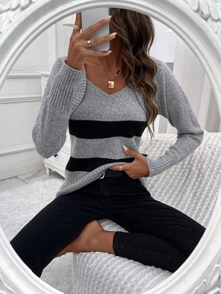 SHEIN LUNE Khối màu Cổ Trái tim Áo len - Xám - Xem 1