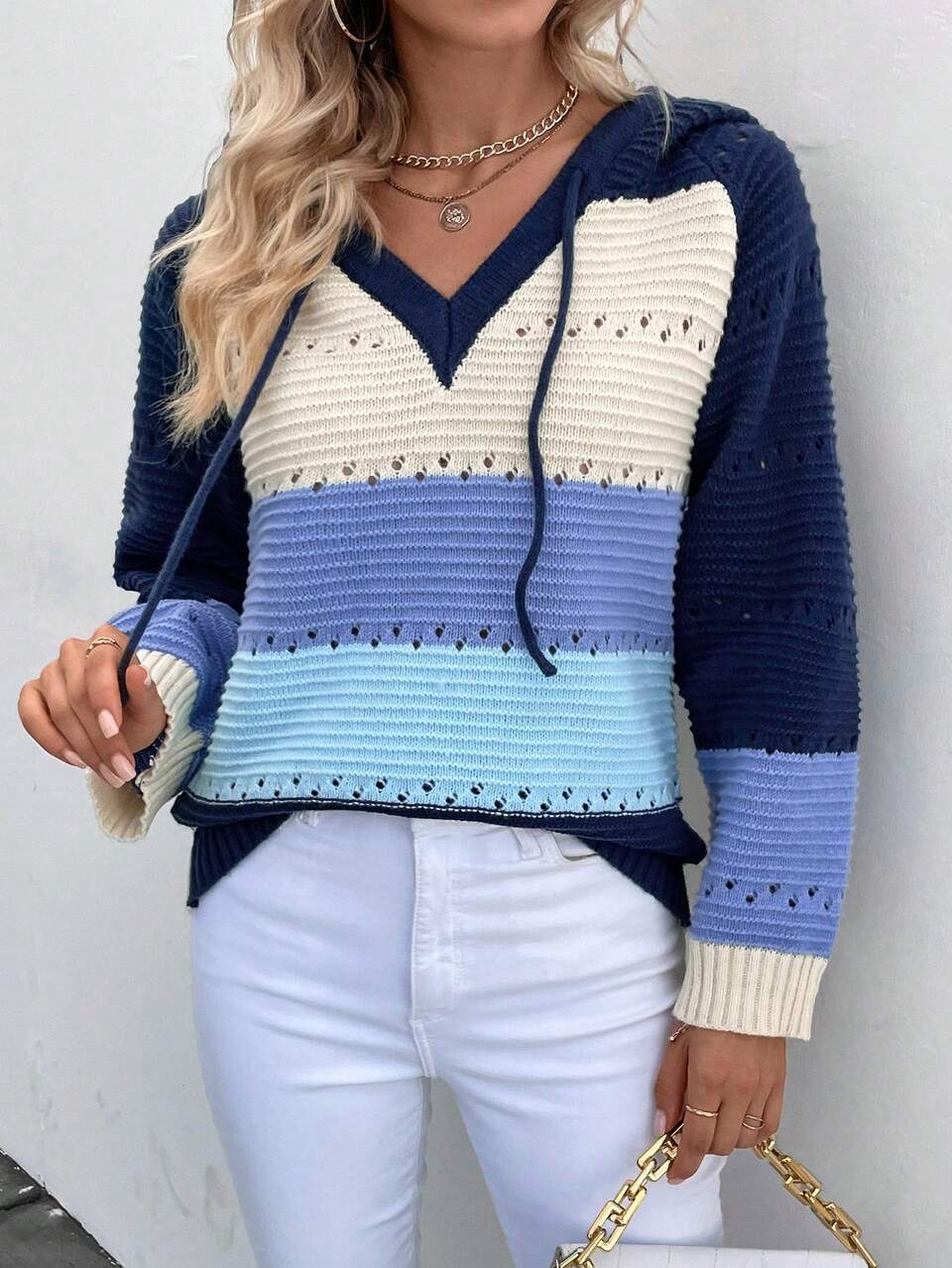Color Block Drawstring Knit Pullover Fall Winter Sweater