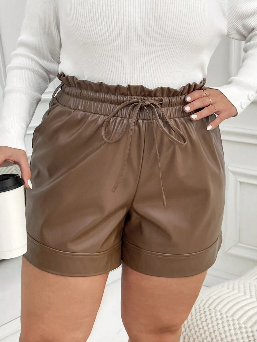 SHEIN LUNE Kích thước lớn Của phụ nữ Ren Eo Quần short dây kéo - màu nâu - Xem 1