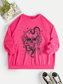 SHEIN EZwear 加大尺碼女士織花印花連帽衫,帶有骷髏圖案 - 玫紅色 - 查看 1
