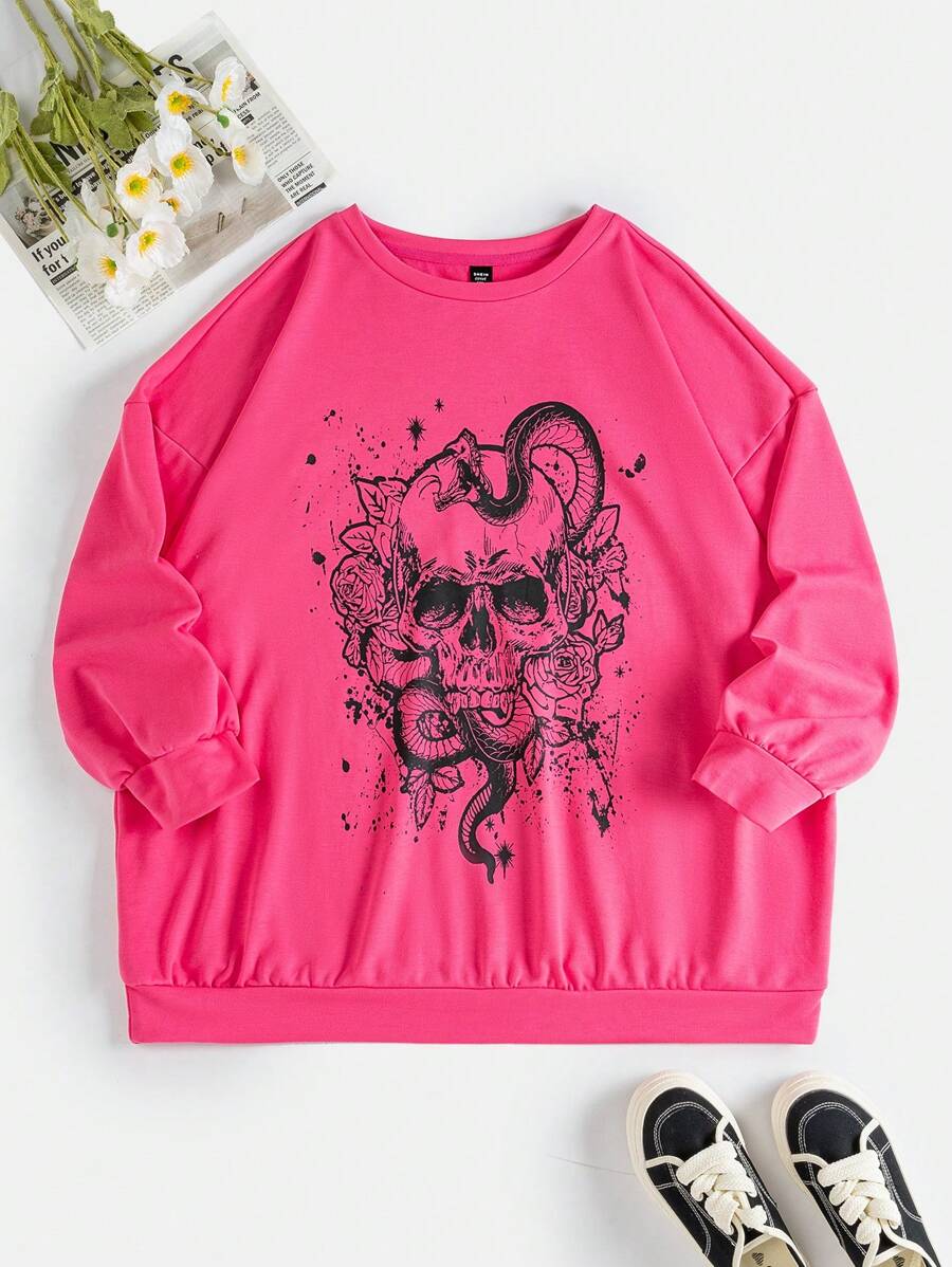 SHEIN EZwear 加大尺碼女士織花印花連帽衫,帶有骷髏圖案 - 玫紅色 - 查看 1