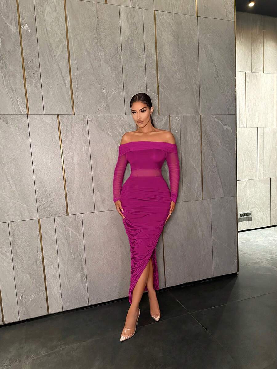 SHEIN SXY Vestido de mujer con hombros descubiertos, abertura lateral y drapeado - Morado - Ver 1