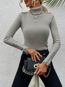 SHEIN LUNE 女款高領套頭毛衣 - 淺灰色 - 查看 3