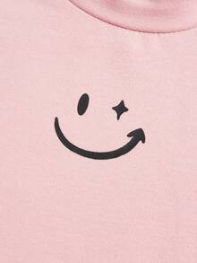 SHEIN Tween Girls' Knitted Solid Color T-Shirt With Stand Collar & Smiling Face Pattern, 3pcs/Pack - Baby Pink - View 3