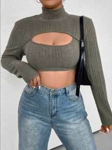 Flirla Plus Cut Out Front Mock Neck Crop Tee - Green - View 1