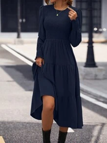 SHEIN Unity فستان ماكسي للنساء بأكمام منفوخة طويلة وأكمام مشرشرة - أزرق بحري - مشاهدة 6