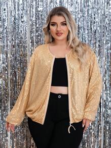 Allurite Plus Size Women's Sequined Jacket - Champagne - View 3