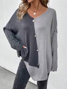 SHEIN LUNE 女士色塊針織毛衣,配有鈕扣細節、蝙蝠袖和不對稱下擺 - 彩色 - 查看 3