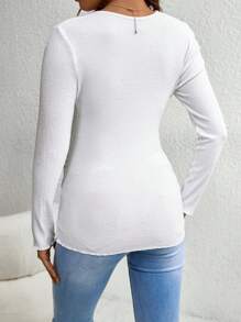 SHEIN Thai sản Nút Nửa Ren Mộc nhĩ Áo thun - trắng - Xem 2