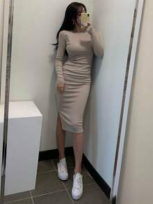DAZY Đầm ôm dáng dài tay xếp ly thời trang dành cho nữ - Màu Khaki - Xem 7