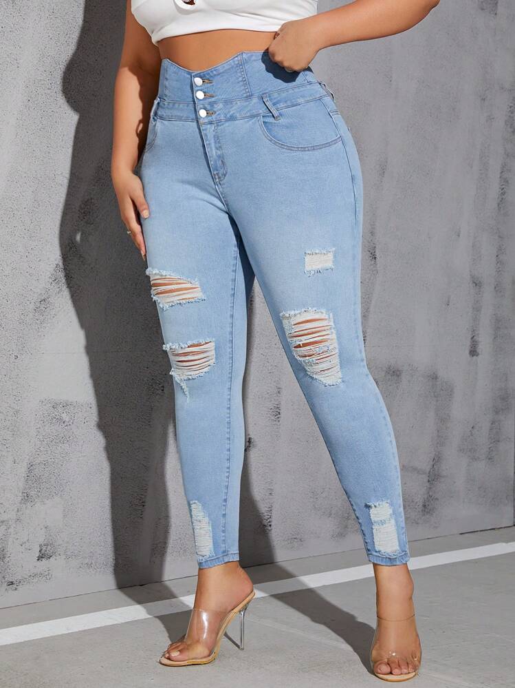 Vaqueros Ajustados Rasgados De Cintura Alta En Talla Grande Para Mujeres - Lavado ligero - Añade 3