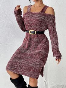 SHEIN LUNE Abito maglione con spalle scoperte orlo a fessura senza cintura - Moka Marrone - Visualizzare 5