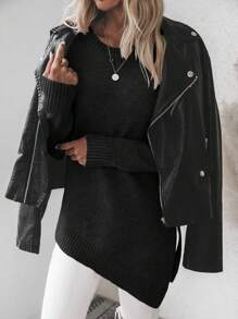 SHEIN Solid Color Asymmetrical Hem Drop Shoulder Sweater,Long Sleeve Tops Knit Pullover Fall Winter Sweater - Black - View 7