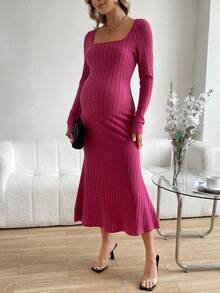 SHEIN 孕婦純色u領貼身長袖連衣裙 - 玫紅色 - 查看 6