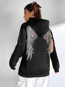 SHEIN EZwear Sudadera Con Capucha Con Adornos De Alas De Diamantes De Imitación En La Espalda - Negro - Ver 6