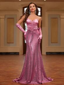 SHEIN Belle Ladies' Cocktail Evening Dress (Heavy) With Mixed Material, Strapless Design, Gloves And Fish Tail Hem Gown Evening Gown - Pink - View 1
