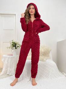 女士简约纯色连帽家居服，适合秋冬季节穿着，蓬松舒适 - 紅色 - 查看 3