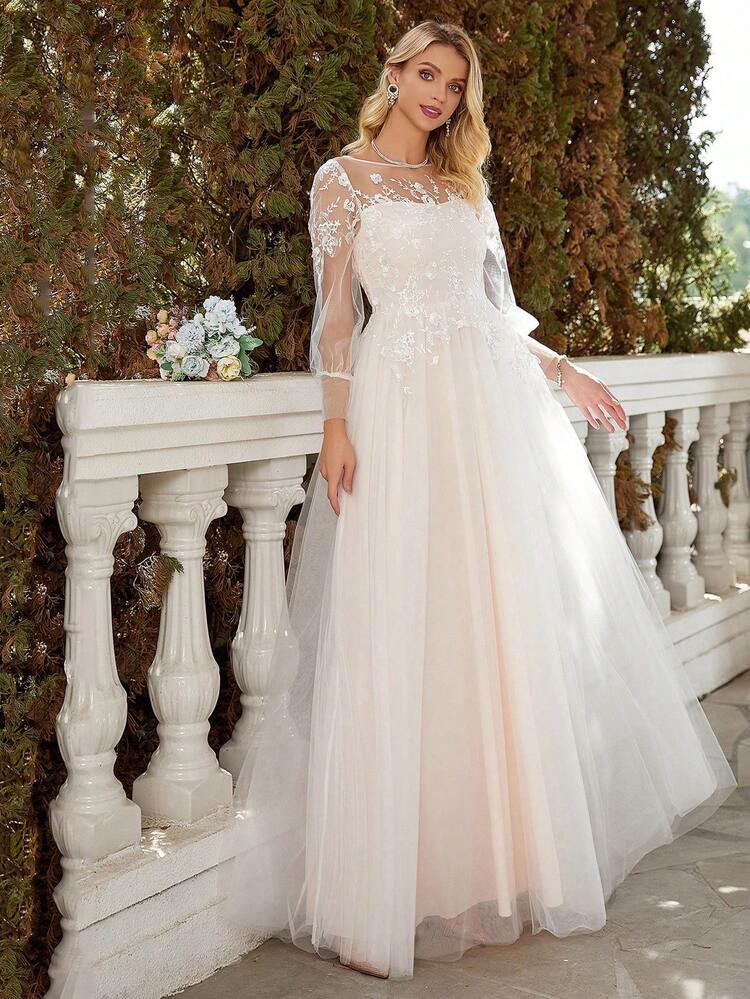 long sleeve mesh wedding dress Mermaid White/Ivory Long Sleeve Wedding Dress Lace Satin Sheer/Mesh Bridal  Gown