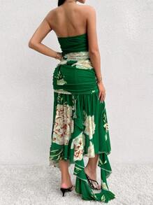 Breezaya Floral Printed Pleated Asymmetric Hem Strapless Dress - Dark Green - View 2