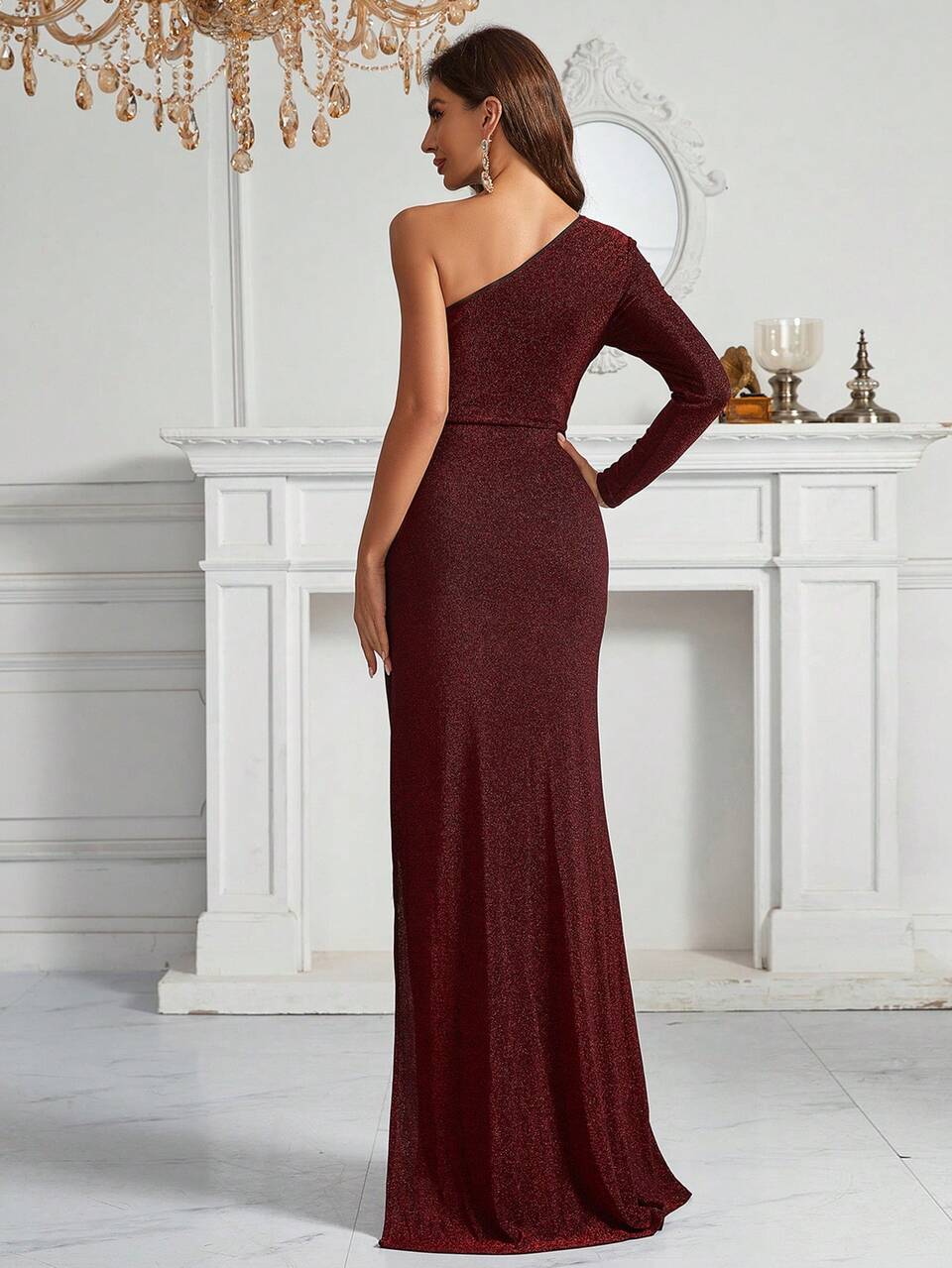 One Shoulder Ruched Split Thigh Glitter Formal Dress