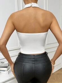 Firerie Camisola De Encaje Hueca Con Cuello Halter Y Sin Espalda - Blanco - Ver 2