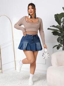 SHEIN EZwear 大碼時尚牛仔褶皺迷你裙 - 藍色 - 查看 5