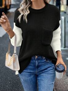 SHEIN LUNE Của phụ nữ Khối màu Thả vai Áo len Áo chui đầu - màu đen - Xem 5
