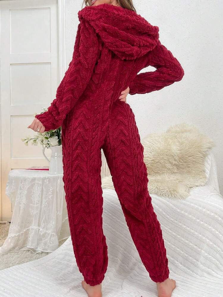 Women's Simple Solid Color Lounge Jumpsuit With Hooded For Home Wear, For Fall Winter, Fluffy, Cozy