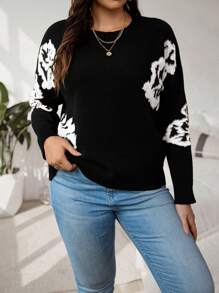 SHEIN LUNE Plus Size Printed Round Neck Pullover Sweater
