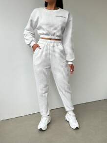 SHEIN Unity Thêu Chữ Thả vai Áo len crop & Quần nỉ - trắng - Xem 4