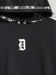 SHEIN 青少年男孩字母图案袋鼠口袋落肩卫衣 - 黑色 - 查看 4