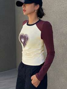 Dazy Star 女款心形標語印花拼色插肩袖 T 卹 - 彩色 - 查看 4