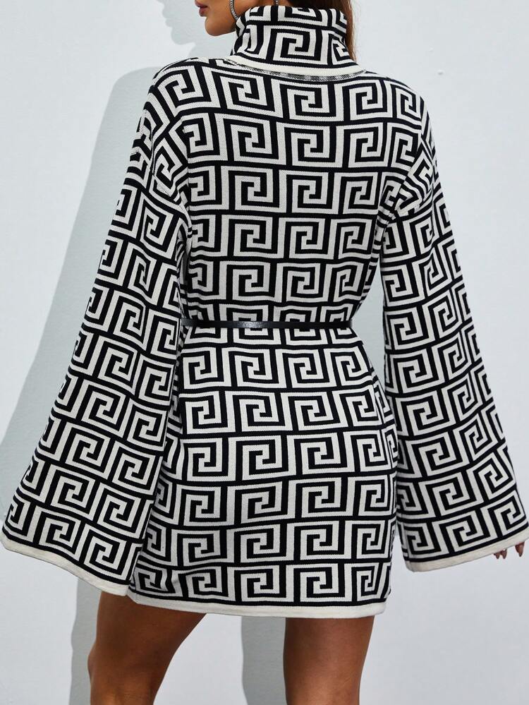 Full Printed Geometric Pattern Cool High Collar Women's Knit Pullover Fall Winter Sweater