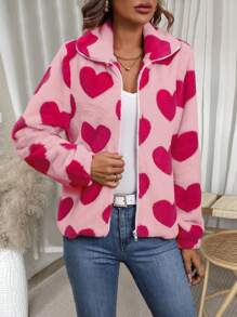 SHEIN LUNE Women's Plush Jacket With Heart Shaped Pattern - Multicolor - View 4